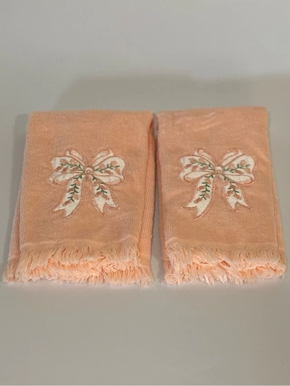 Vintage After Bath Luxury by J Abouchar & Sons Peach Embroidered Bow Hand Towels